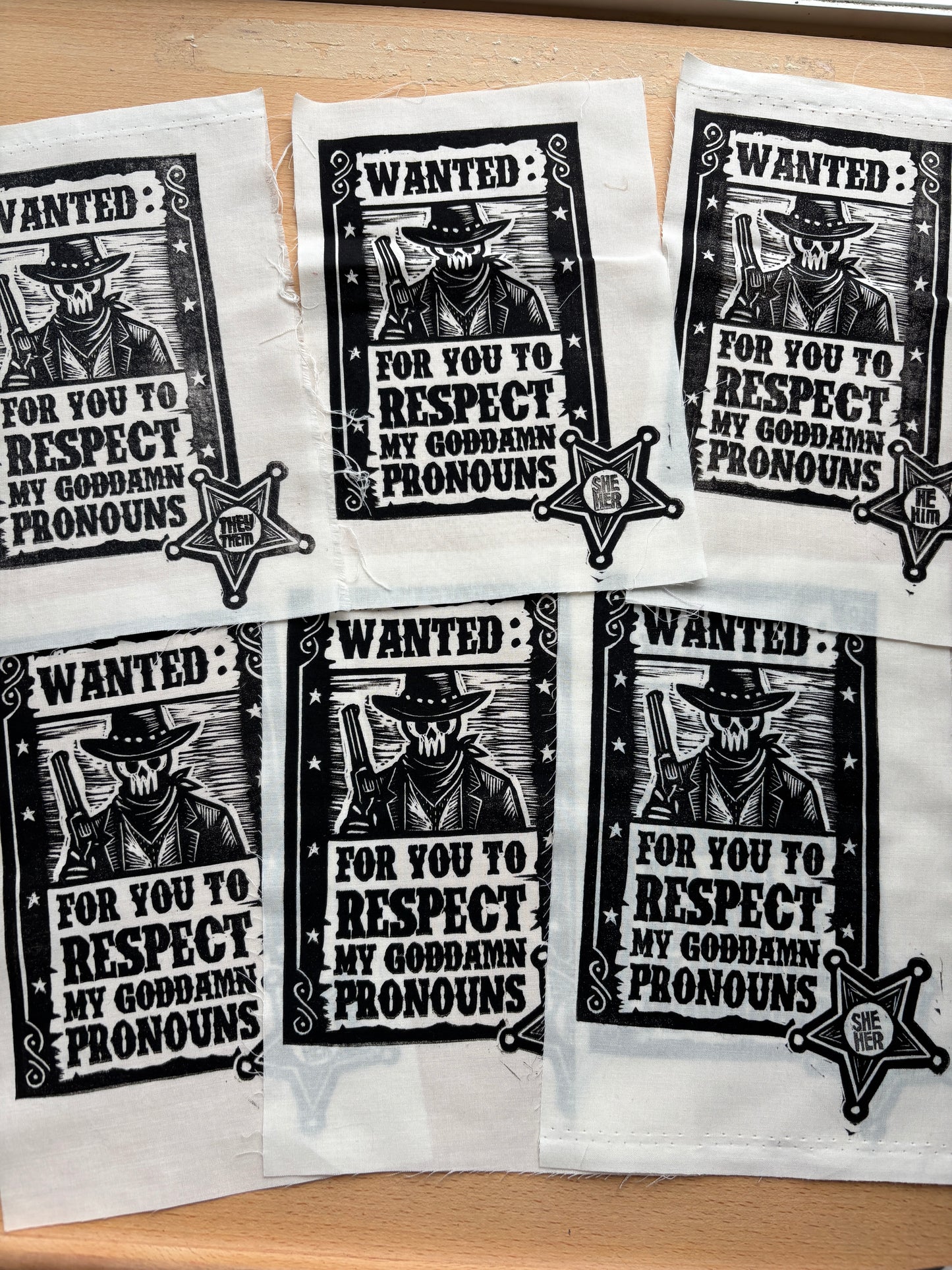 MISPRINT: Wanted Pronouns Poster Patch (Discontinued)